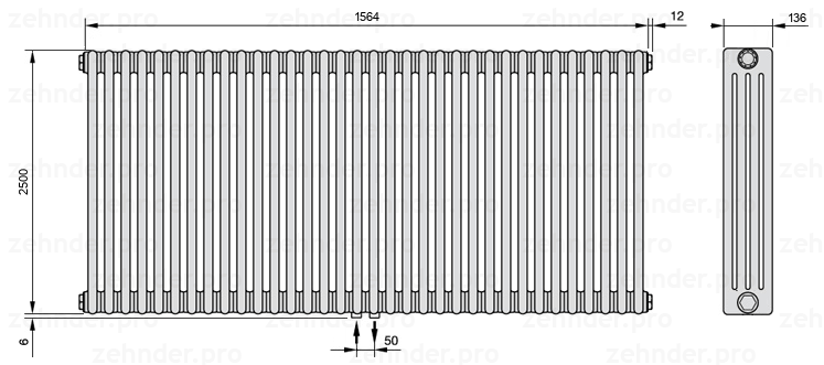 Схема (чертеж) Радиатор Zehnder Charleston 4250/34 №3470 Белый глянцевый RAL 9016
